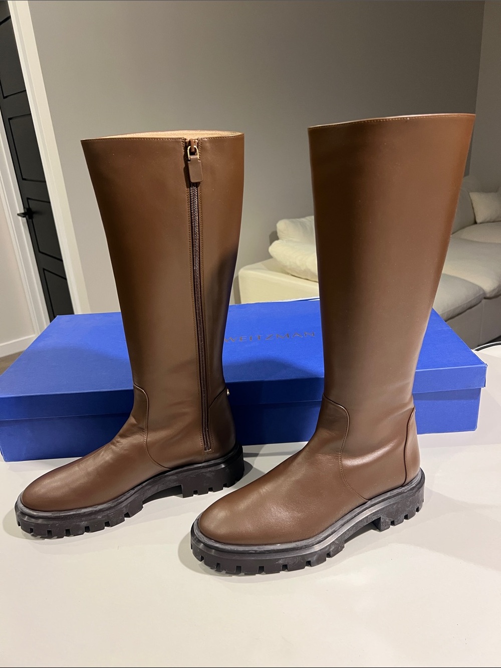 Stuart Weitzman ultra lug tall long espresso brown smooth leather boots 8.5